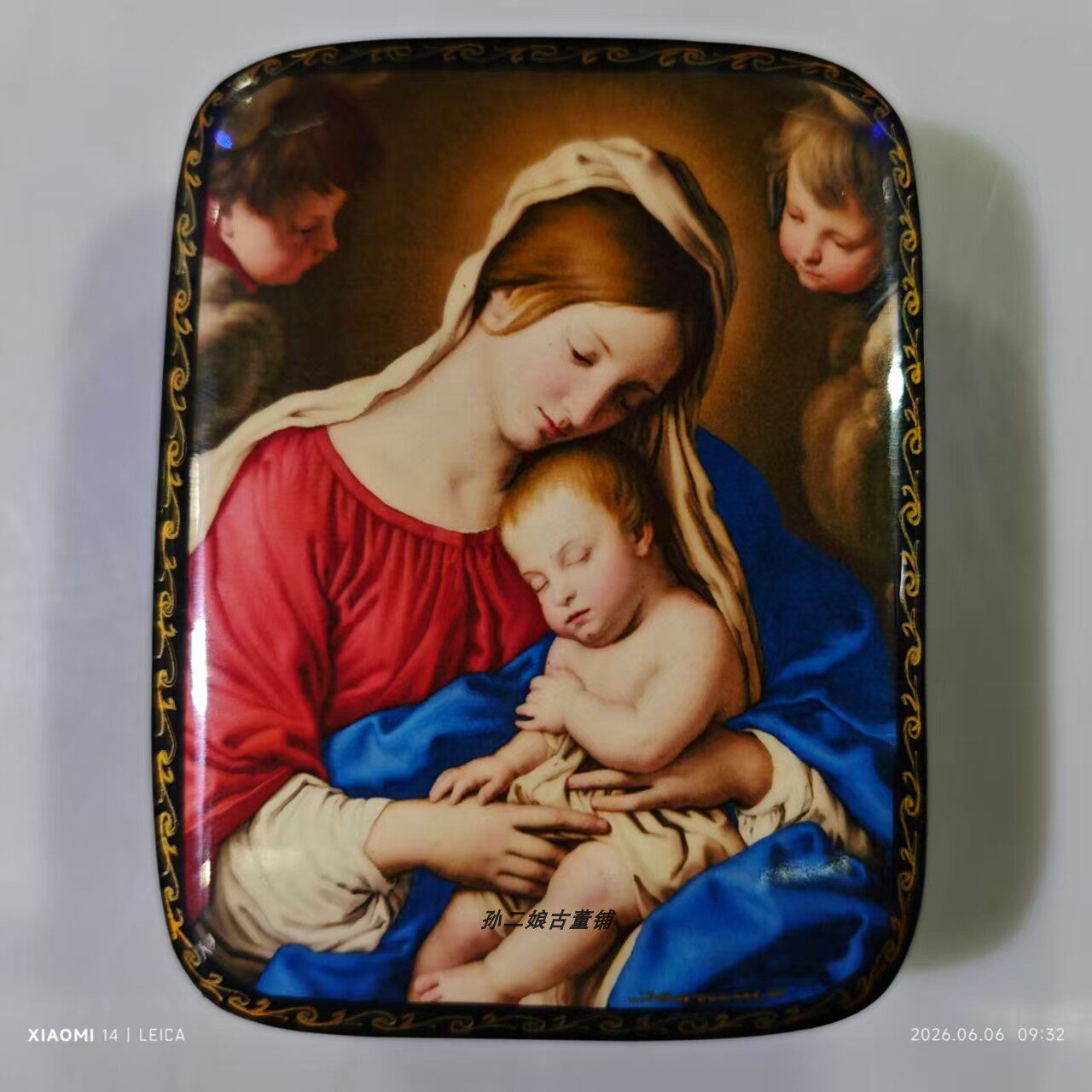 俄罗斯产艺术家手绘细密画天使人物木制漆盒首饰盒装饰盒画师签名