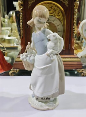西班牙原产Lladro雅致瓷偶乡村女孩和小羊家居装饰摆件手工制中古