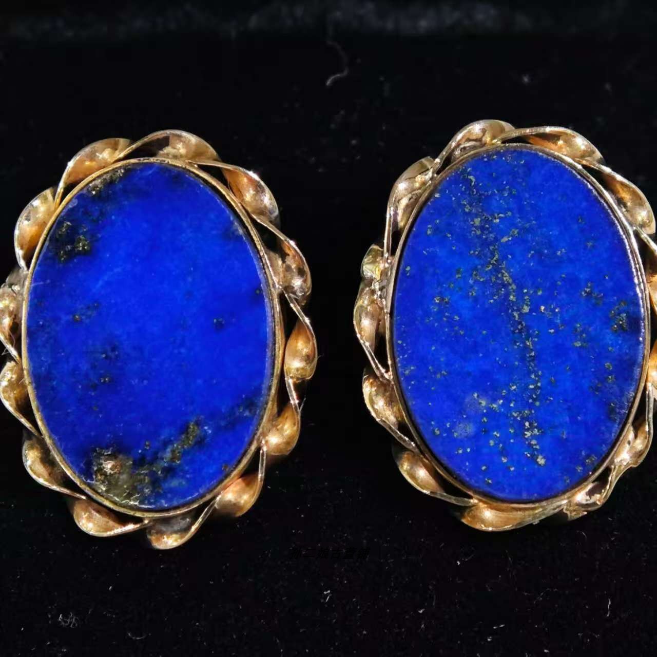 英国Vintage珠宝伦敦产14K黄金铰丝边镶嵌天然青金石经典款耳钉