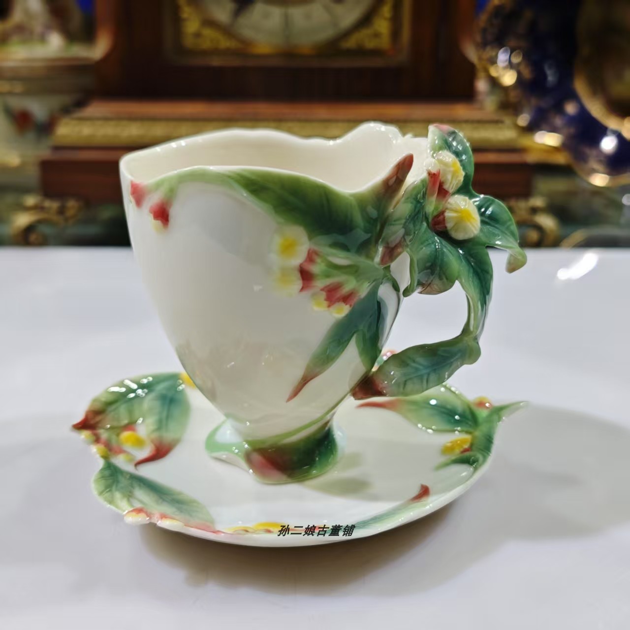 英国回流Franz法蓝瓷早期出口欧洲立体浮雕花卉多边形杯碟二件套