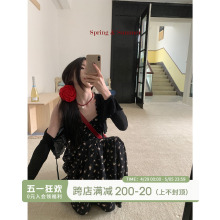 夏季 碎花连衣裙女新款 性感黑色吊带裙海边度假长裙子 酒一自制