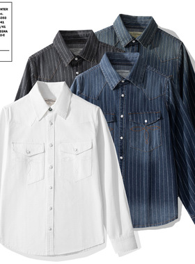 OKONKWO美式复古衬衫经典袋花阿美咔叽重磅洗水做旧条纹牛仔衬衣