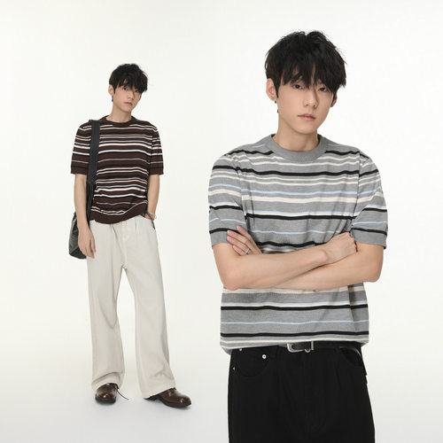 MTLCLOTHES男装|撞色条纹气质小领口短款针织短袖上衣通勤日常潮
