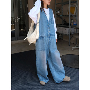 宽松挺括休闲长裤 日系时髦减龄水洗牛仔背带裤 女 新款 卢浮秋季