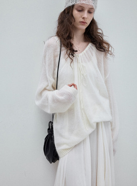 【识几】天然纱线马海羊毛领口抽绳长袖简约宽松针织套头衫M9672