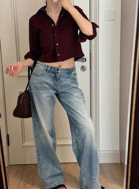 新款显瘦060M&060L中高腰低腰复古重度洗水纯棉直筒牛仔长裤5021