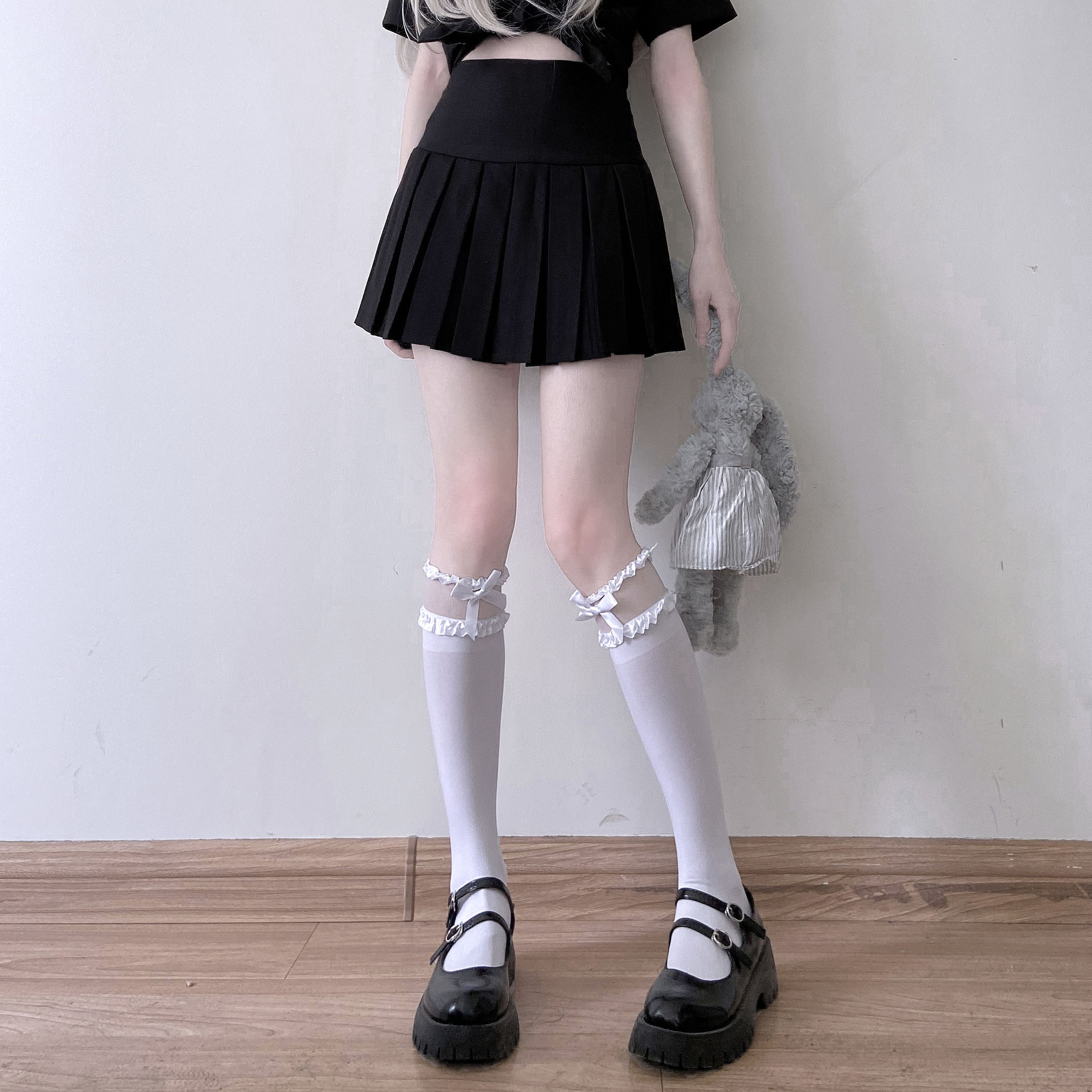 lolita日系蝴蝶结蕾丝花边白色小腿袜JK中筒袜薄款洛丽塔袜子