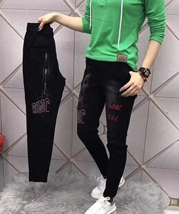 休闲显瘦老爹裤 2025春新款 饰拉链刺绣哈伦裤 女装 黑色高弹力牛仔裤