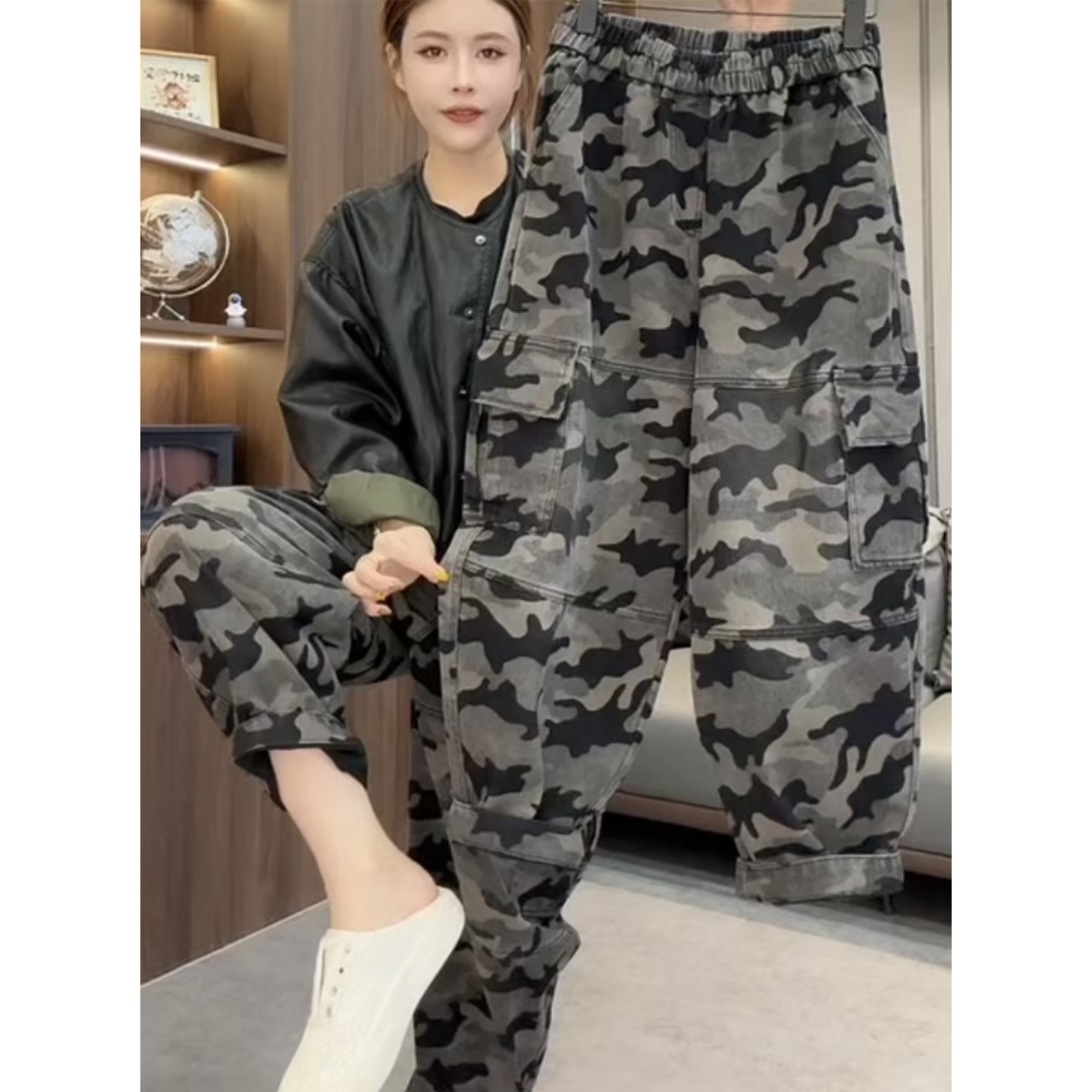 秋新款街头个性迷彩牛仔哈伦裤女