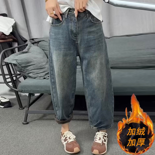 子 女梨形身材宽松显瘦萝卜阔腿哈伦裤 大码 高腰加绒弯刀老爹牛仔裤