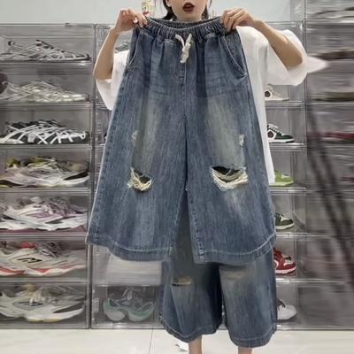 松紧腰八分薄款宽松牛仔裤女