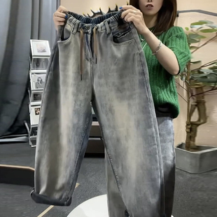 做旧高腰老爹裤 女宽松显瘦牛仔哈伦裤 子 加绒加厚松紧腰萝卜裤 冬季