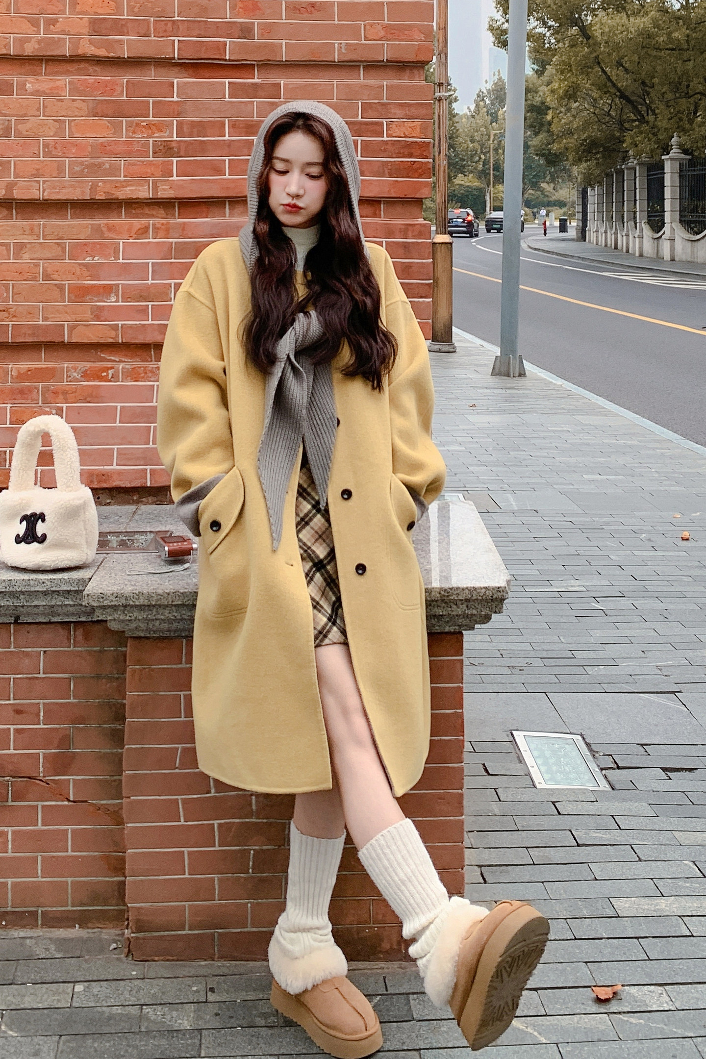 新款冬装加厚围巾连帽双面呢大衣外套2C119-1022-P315-K475,女装毛呢外套,2C119