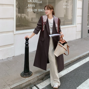 咖色v领丝巾西装外套女2025秋季新款高级感复古收腰中长款大衣潮图片