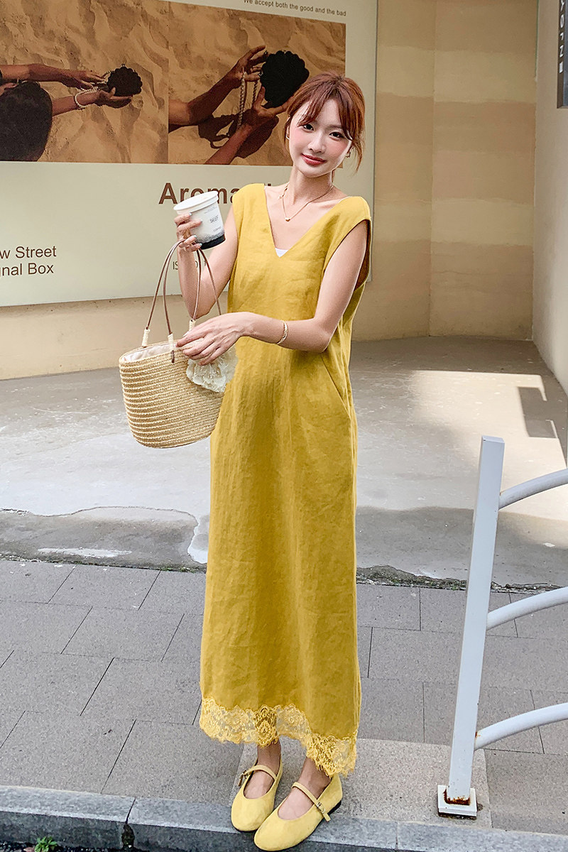 新款现货亚麻V领背心蕾丝钩花拼接连衣裙2C119-2579-P145-K208,女装连衣裙,2C119