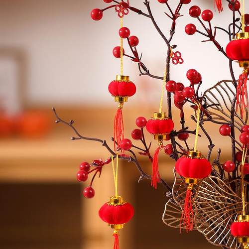 植绒灯笼串新年喜庆红灯笼挂饰树上小灯笼户外室内盆景装饰小灯笼