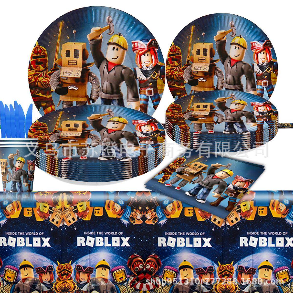 跨境Roblox 派对用品 虚拟世界游戏装饰用品纸盘纸杯纸帽纸巾横幅