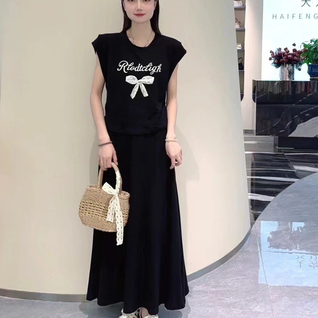 夏季新款蝴蝶结字母印花短袖T恤上衣+松紧腰A字半身裙两件套套装