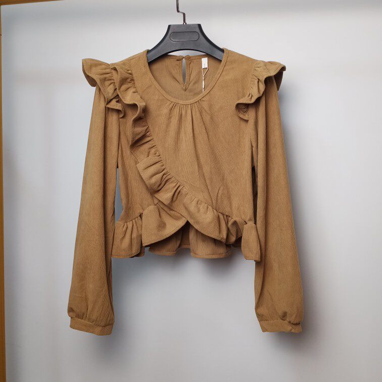新款别致设计感灯芯绒荷叶边衬衫女显瘦圆领不规则衬衣短款上衣潮