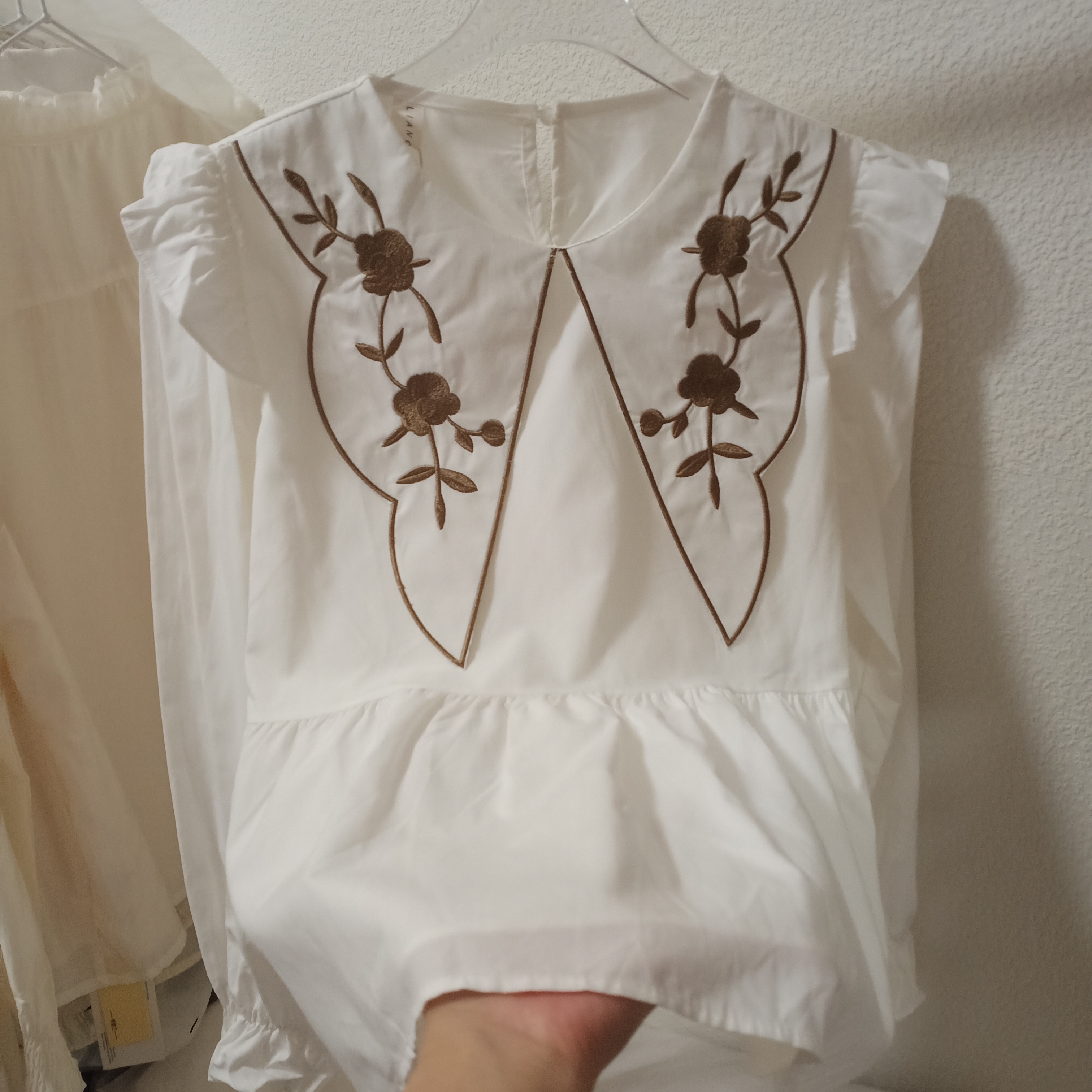 设计感韩版不规则领子花朵刺绣衬衫女宽松百搭别致尖领长袖上衣潮