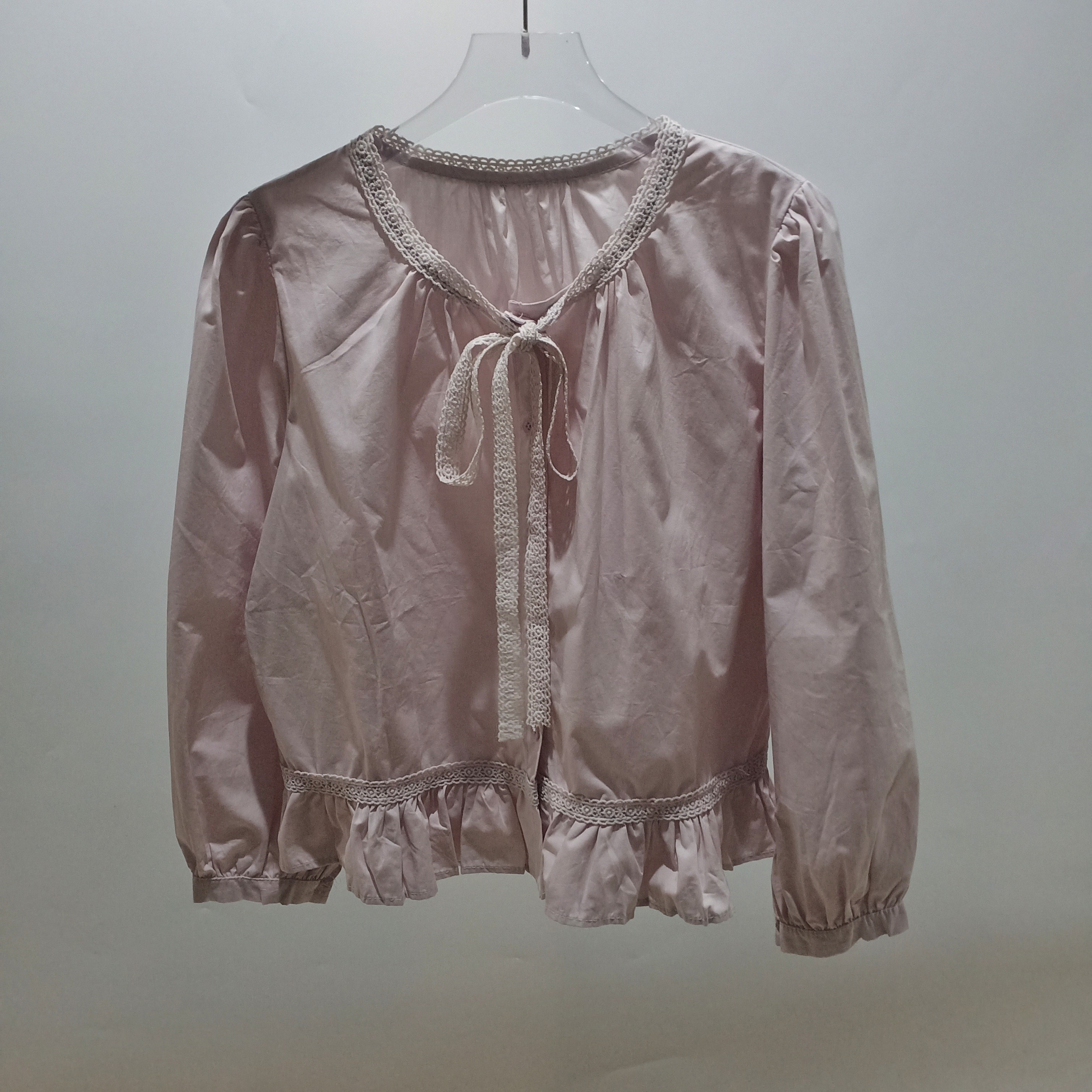 2026春季新款韩版时尚系带蝴蝶结长袖衬衫女蕾丝花边宽松百搭上衣