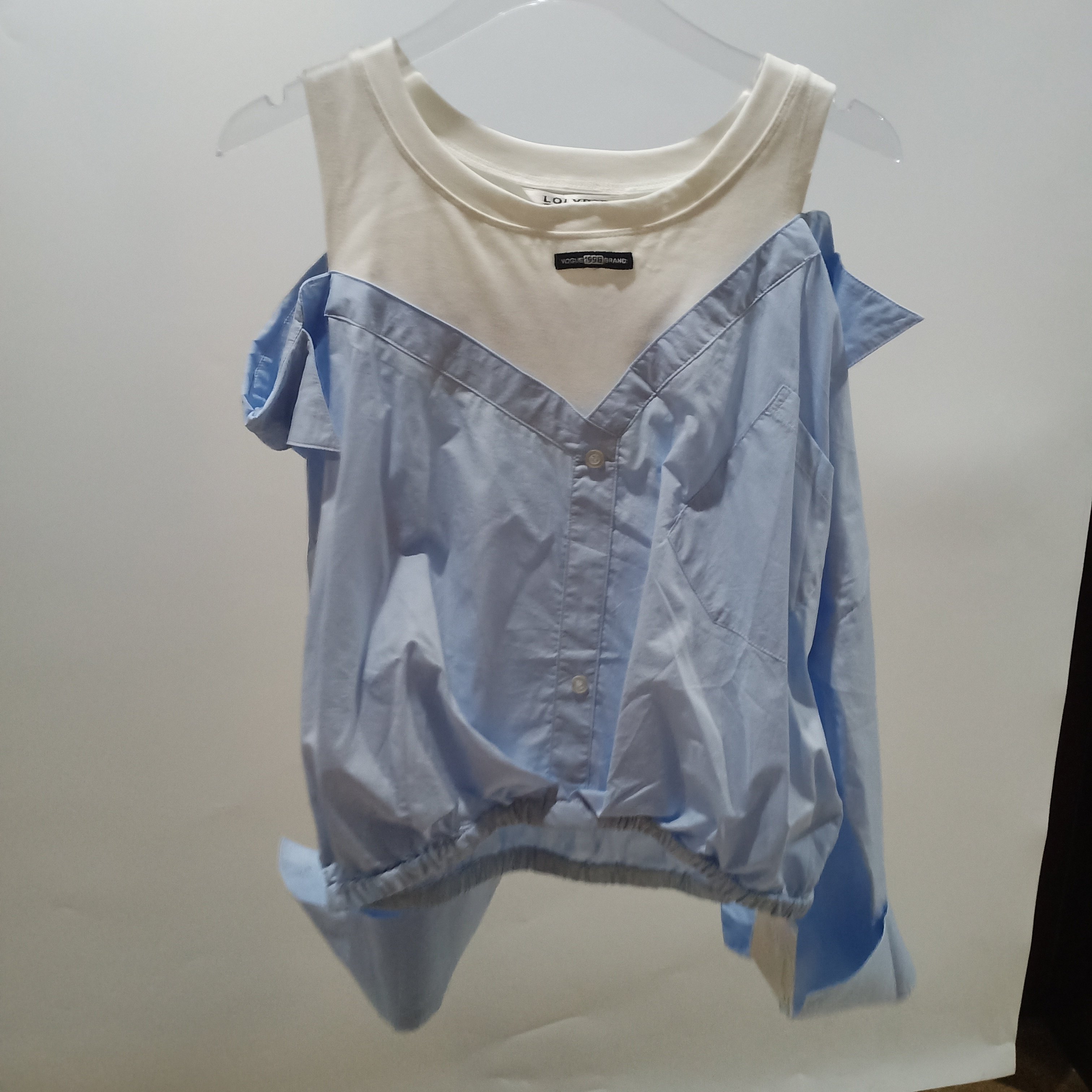 2026年春秋新款时尚百搭拼接假两件露肩衬衫女设计感洋气短款上衣