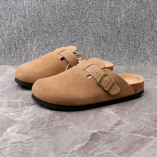 岩乐外贸拖鞋真软木女款牛皮绒面革软底包头拖鞋 勃肯拖鞋四季款