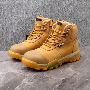 外贸高端黄牛头层磨砂皮侧拉链高帮钢头劳保鞋户外工地安全鞋耐磨