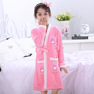 儿童法兰绒睡袍秋冬季保暖薄款女童男童小孩子卡通可爱浴袍珊瑚绒