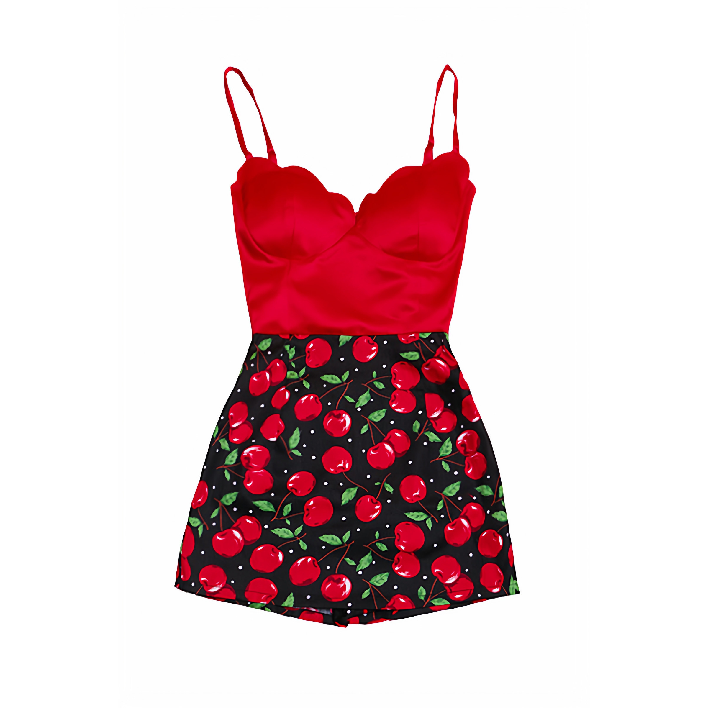 复古红色吊带连体裤短裤女高腰时尚樱桃气质收腰显瘦裙裤一体夏款