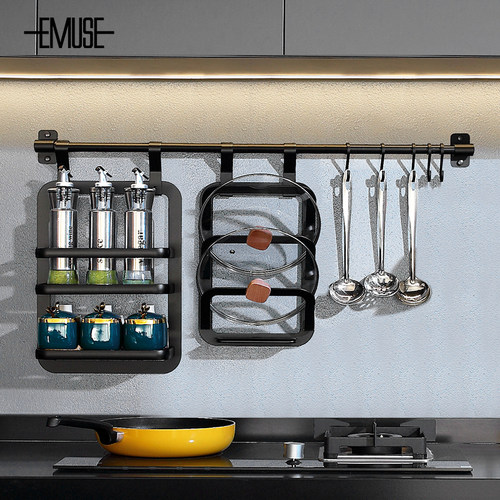 厨房挂件套餐多功能收纳架调料架锅盖架置物架黑色免打孔收纳架