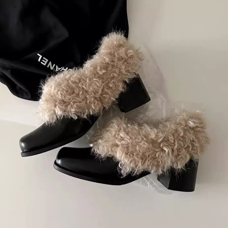 牛皮版~~方头一脚蹬复古加绒保暖玛丽珍小皮鞋棉鞋粗跟单鞋毛毛鞋