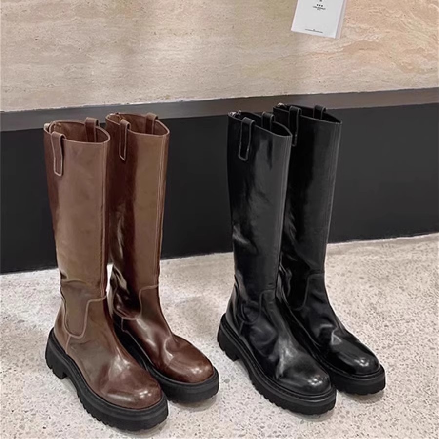 真皮显瘦黑色厚底长筒靴女