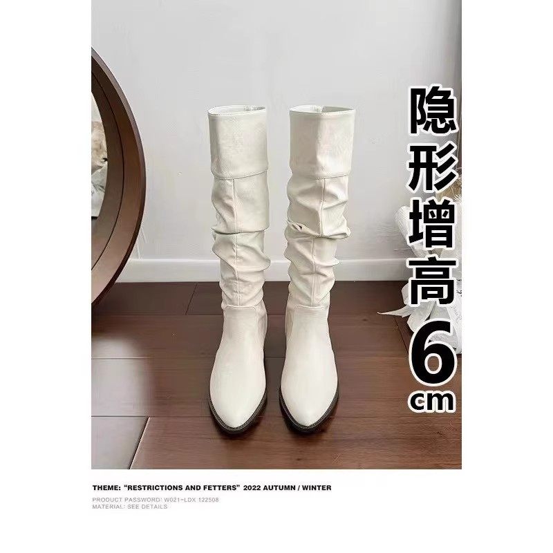韩版尖头平底长筒靴女高筒褶皱