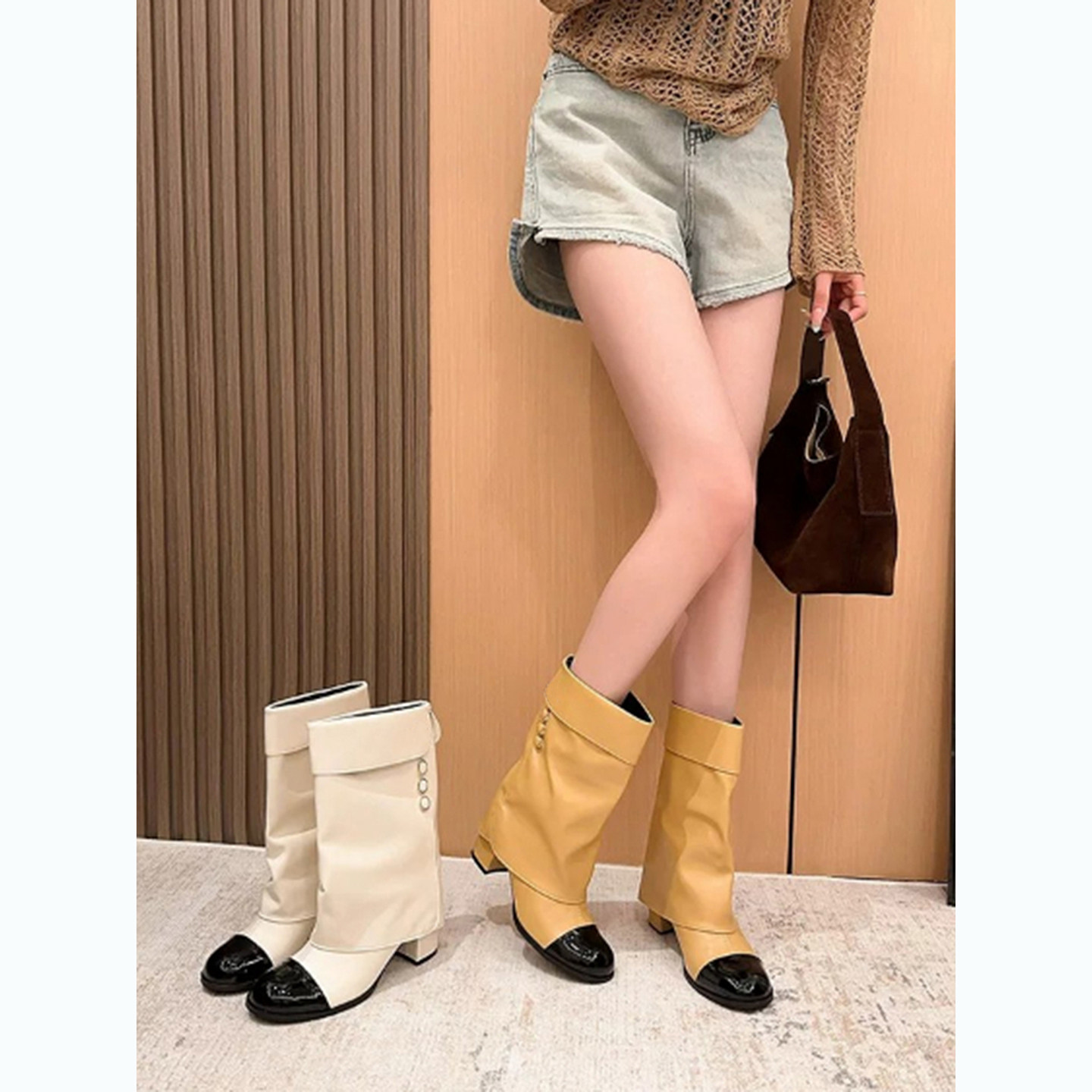 真皮~小香风高跟骑士靴女2026春秋新款不过膝长筒靴拼色裤管靴子