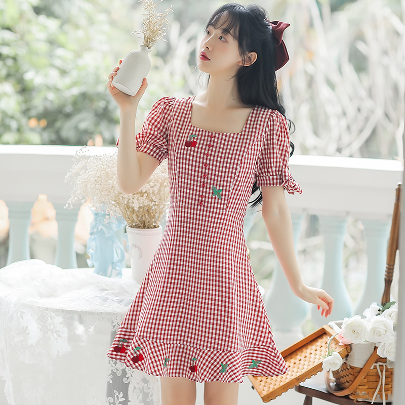 Real picture of retro sweet first love Plaid Dress