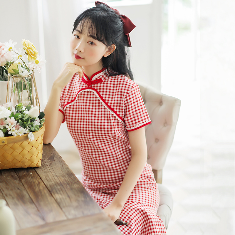 有視頻大圖實拍2021復古格子顯瘦旗袍連衣裙