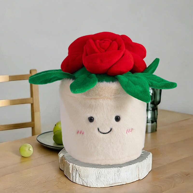 卡通玫瑰花盆栽治愈摆件毛绒具偶桌面装饰花朵公仔娃娃情人节礼物