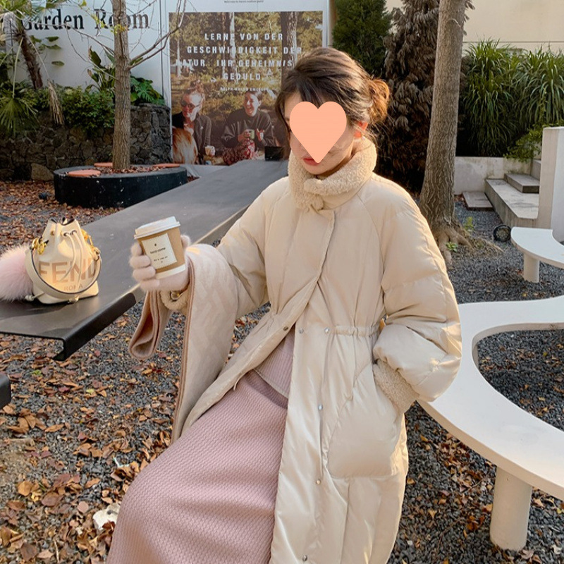 网图 爆款花栗鼠小姐 拼接羊羔毛羽绒棉服棉服女冬季收腰中长款