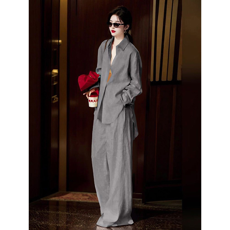 灰色棉麻衬衫套装女夏季韩系慵懒轻奢成熟稳重气质长裤两件套