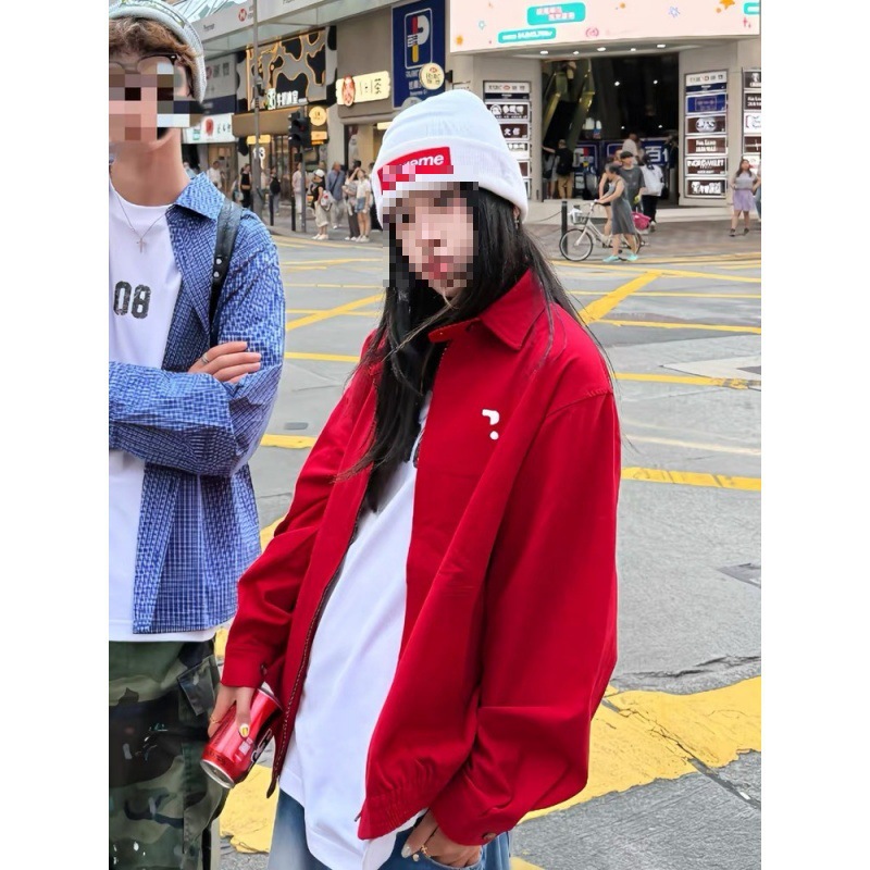 美式复古夹克衬衫女早秋新款翻领红色拉链外套宽松休闲情侣上衣