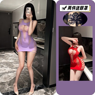 胖mm大码开裆免脱性感透视全身丝袜挂脖镂空连身网衣紧身包臀短裙