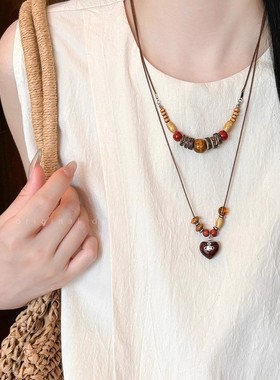 好饰 复古木质串珠吊坠项链女小众设计感民族风配饰时尚长款百搭