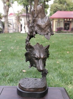 双狼动物抽象中式风乡村铜雕塑