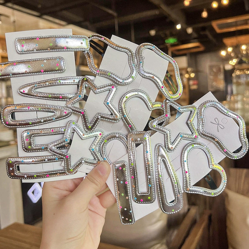 韩版简约银色皮质发夹女甜美五角星刘海夹bb夹子气质边夹侧边发卡