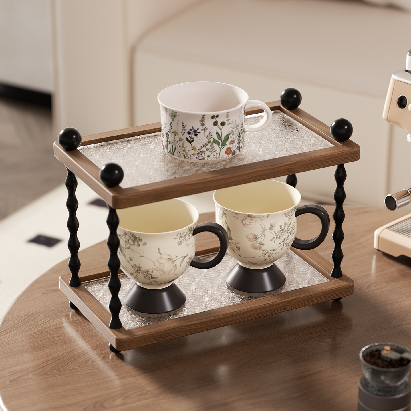 桌面水杯架轻奢中古风放马克杯多层架水吧台咖啡杯子实木置物架