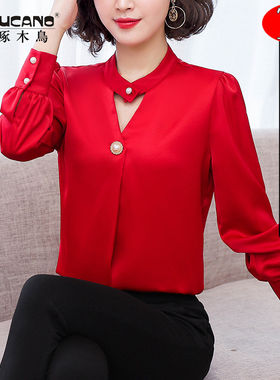 啄木鸟春秋缎面长袖显瘦女衬衫
