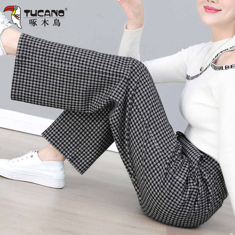 啄木鸟春秋窄版阔腿裤新款小个子高腰显瘦仿牛仔格子休闲直筒卫裤