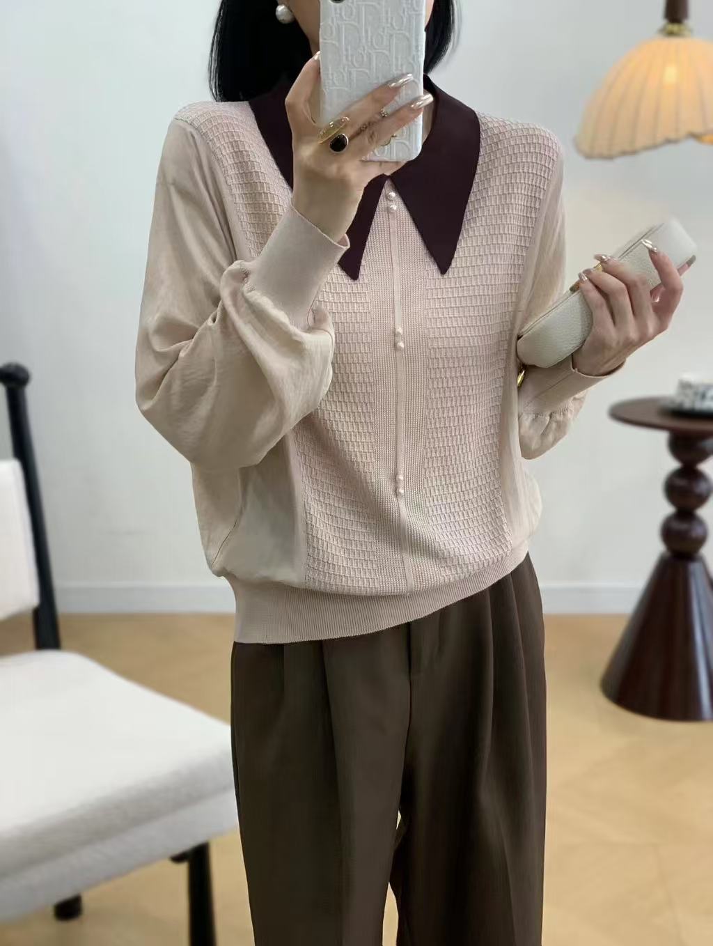 2025春秋新款拼接冰麻女尖领套头针织衫时尚宽松拼接七分袖上衣