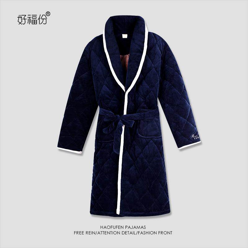 【大码】冬季男士三层加厚长毛绒夹棉浴袍家居服-881333蓝色